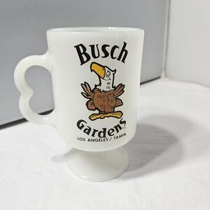 Vintage Busch Gardens Souvenir Milk Glass Pedestal Mug Cup Eagle Mascot LA Tampa